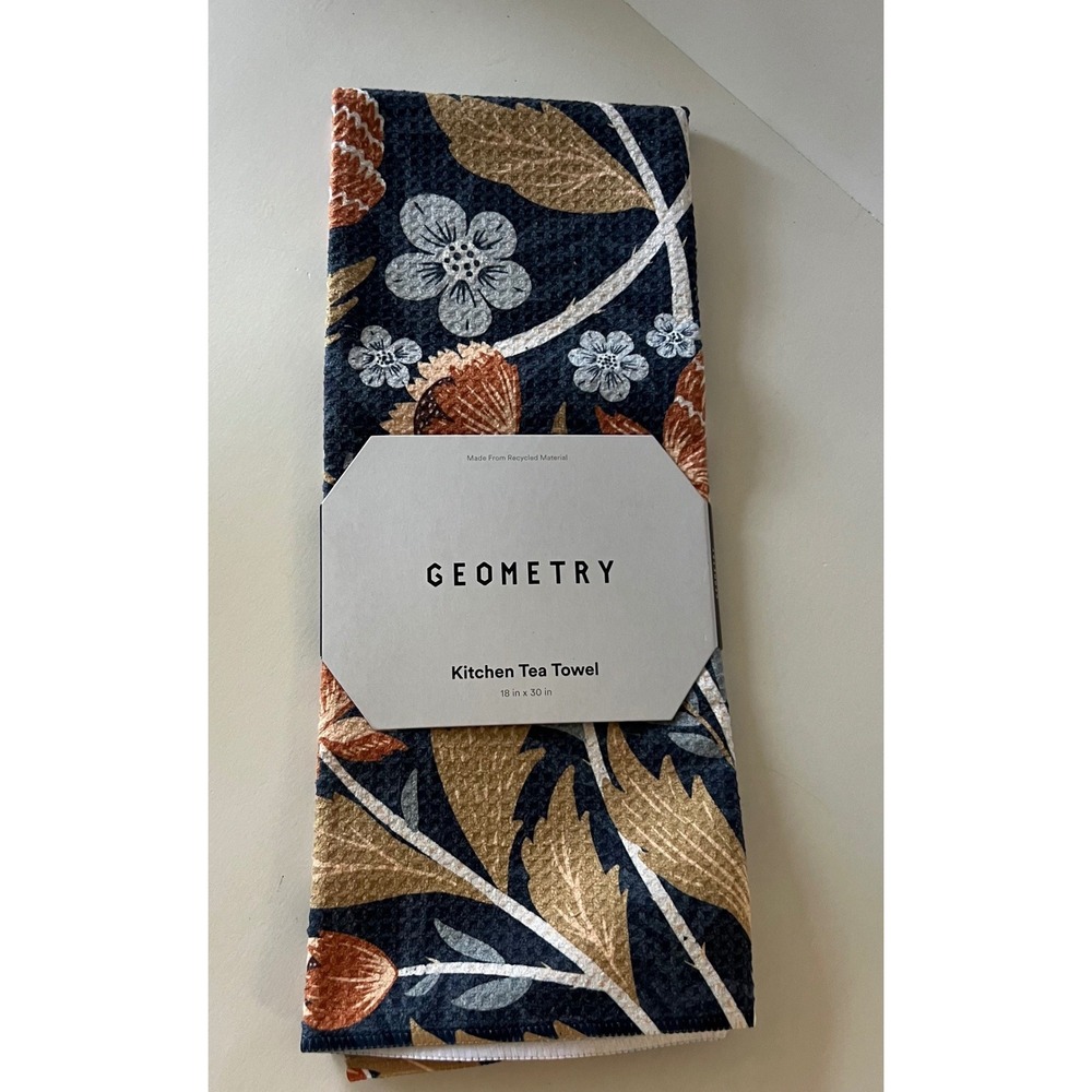 Geometry Kitchen Tea Towel Fall Floral Blue Gold 18 x 30" NIP #1